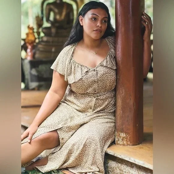 Anthropologie Bolano Leopard Print Button Front Midi Dress - Neutral - Size 18 W - Picture 11 of 16